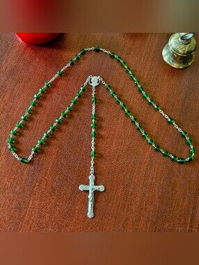 Green Beaded Rosary Catholic Prayer Meditation Men Women Children